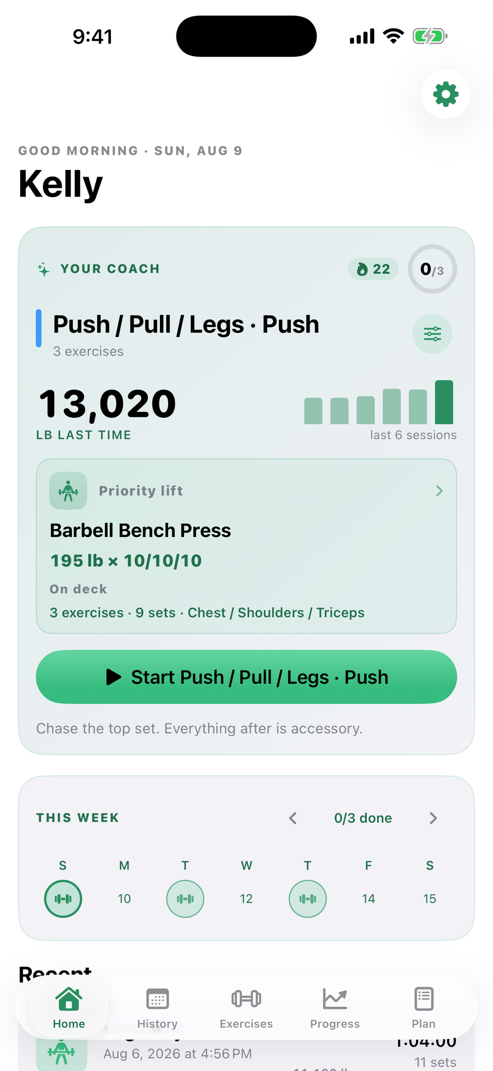 Fuerza home screen with coach brief and workout overview