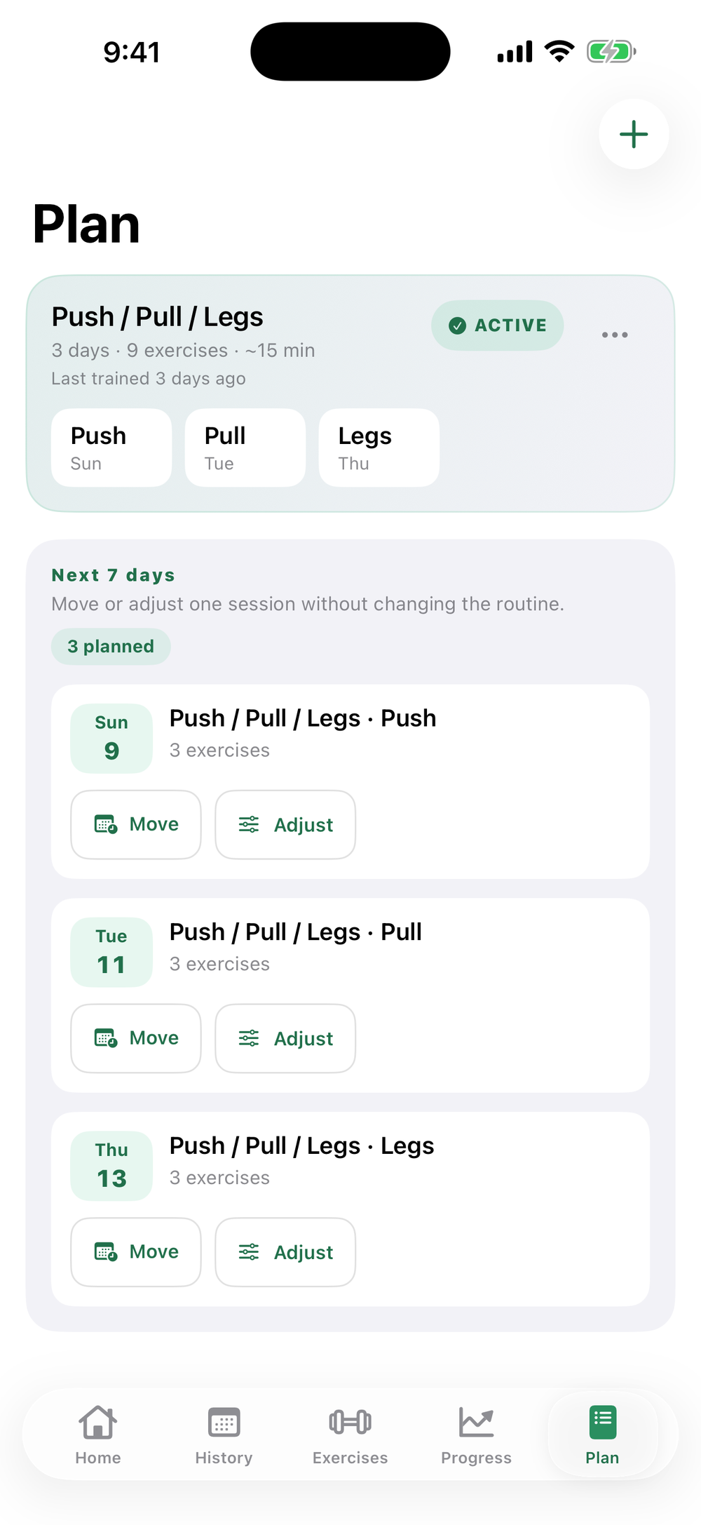 Fuerza plan screen showing scheduled training days