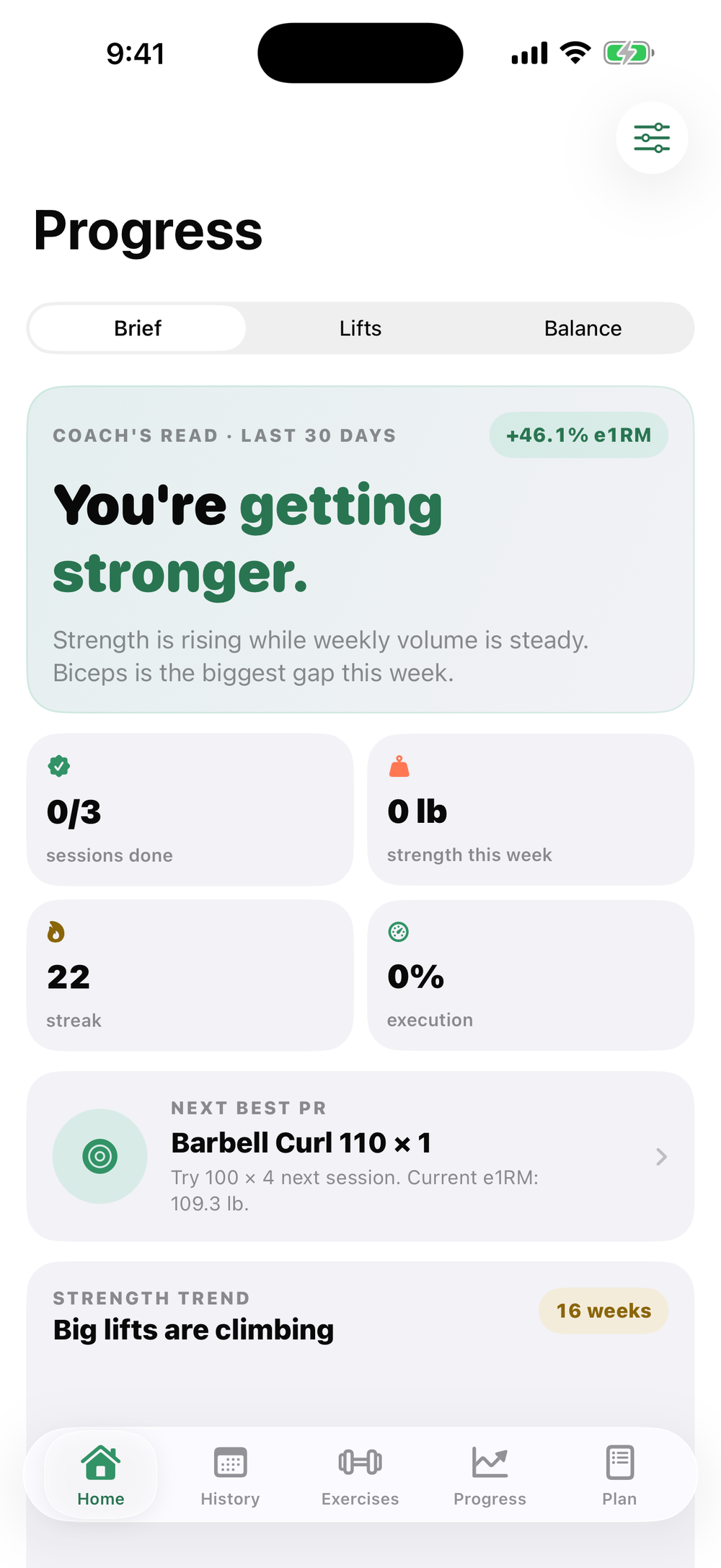 Fuerza progress dashboard showing training volume and progress summaries